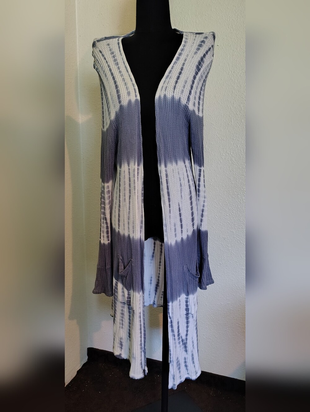 Knox Rose Slate Blue White Tie-Dye Open-Front Ribbed Boho Long Cardigan Women XL
